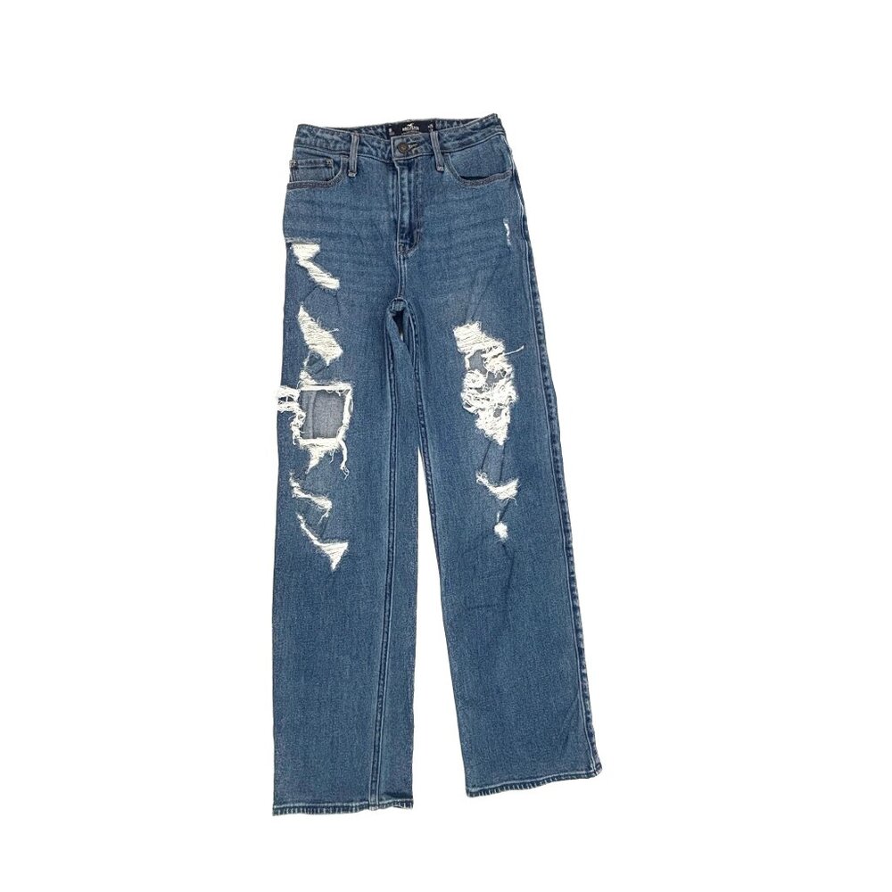 Hollister Ultra High Rise Dad Jean Women 1 Blue Distressed Denim Straight 14048